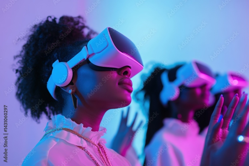 Diverse women wearing VR headsets interact through holographic gestures in a virtual workspace, showcasing female leadership in immersive technology, futuristic innovation, and digital collaboration.