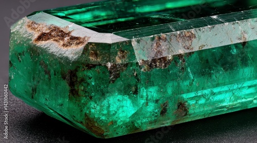 Wallpaper Mural Close up of a vibrant green emerald gemstone with visible inclusions and rough edges, set against a dark gray background. Torontodigital.ca