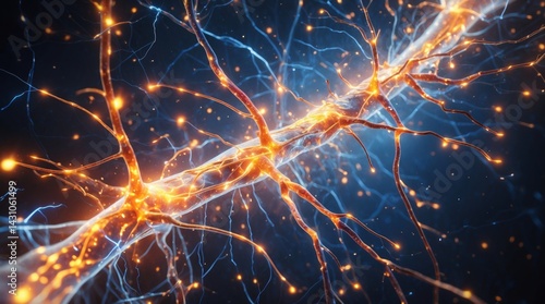 Neural Network: A detailed depiction of branching neurons with glowing signals, showcasing complex biological connections and information transfer.