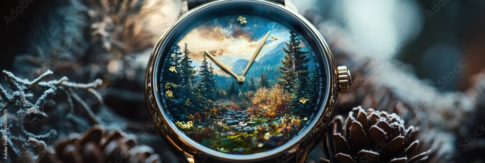 Creative Watch Face Depicting Time Through Seasons in a Pine-Covered Landscape With Nature Clock Elements Generative AI