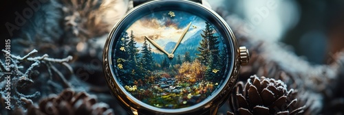 Creative Watch Face Depicting Time Through Seasons in a Pine-Covered Landscape With Nature Clock Elements Generative AI