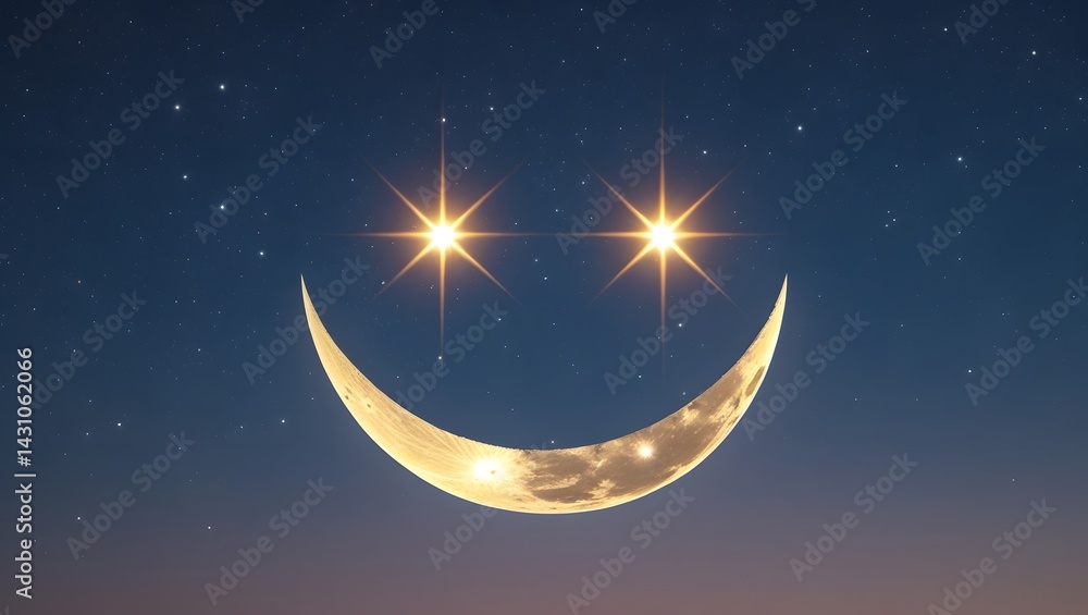 Fototapeta premium Celestial Smiley: Two Bright Stars & Crescent Moon Forming a Cheerful Face in the Night Sky