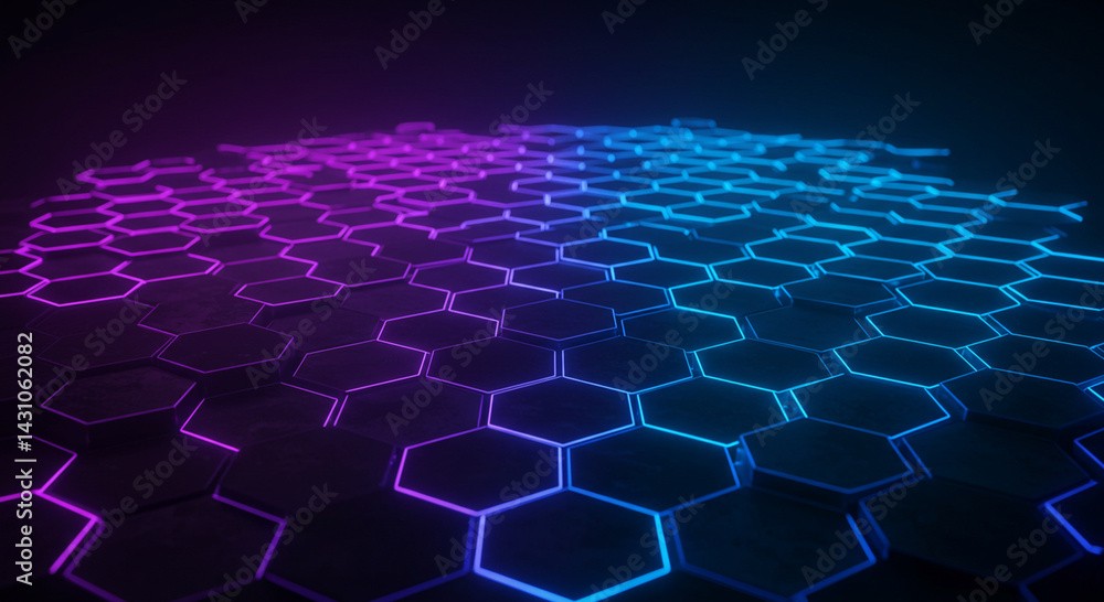 Fototapeta premium Futuristic Neon Hexagonal Grid Seamless Pattern with Abstract Lighting