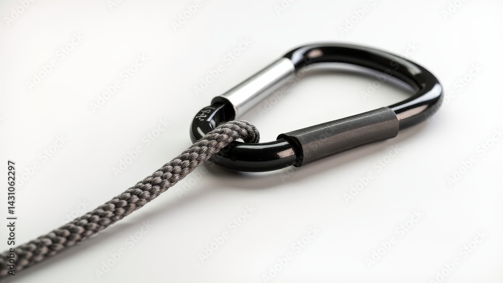 Black Carabiner With Gray Rope On White Black Carabiner With Gray Rope On White