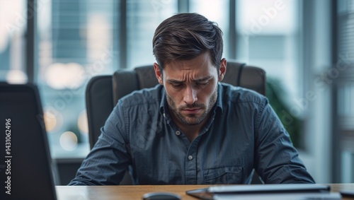 A stressed businessman looks down in deep thought.