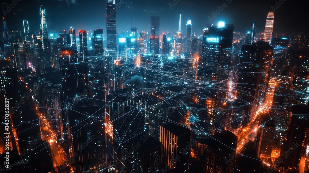 Fototapeta premium Night cityscape, network connections, urban development, futuristic technology, website banner
