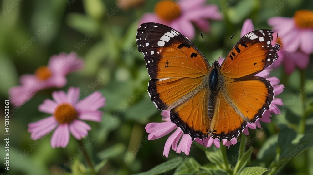 Naklejka premium Orange butterfly on pink flowers, garden background, nature photography, website banner