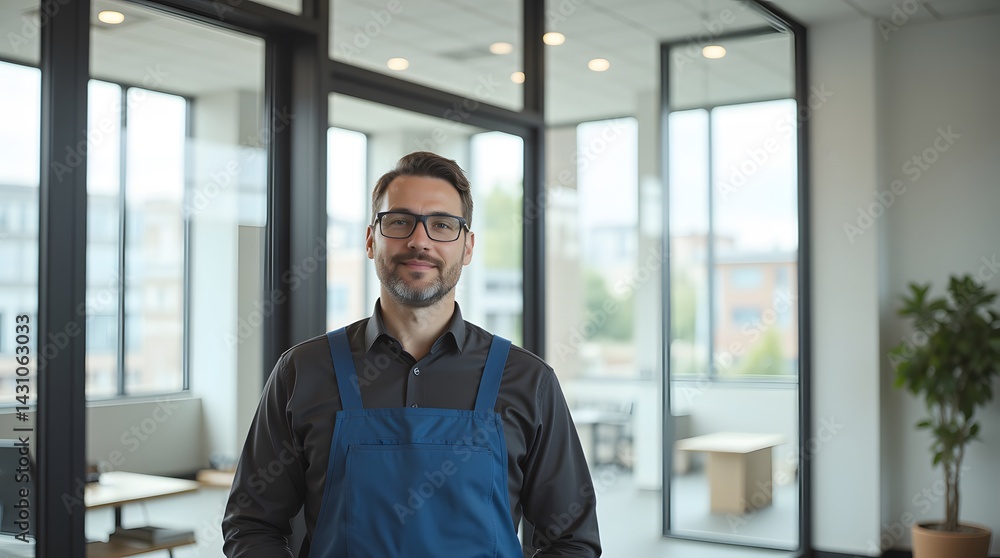 Confident Professional Man in Modern Office Setting, Wearing Apron and Glasses, Smiles Calmly at Camera. A Portrait of Success and Skill. Confident Professional Man in Modern Office Setting, Wearing Apron and Glasses, Smiles Calmly at Camera. A Portrait of Success and Skill.