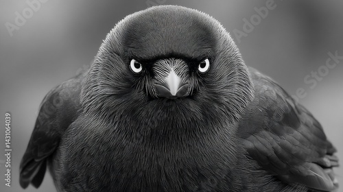 A bold, unflinching stare from a dark bird. A portrait in greyscale. Intense eyes! photo