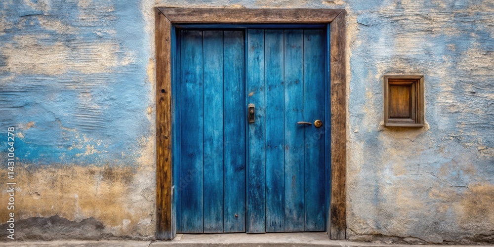A weathered blue wooden door set within a rustic frame, situated on a vintage wall with a smaller, aged wooden inset window, showcasing the passage of time and the charm of aged architecture. A weathered blue wooden door set within a rustic frame, situated on a vintage wall with a smaller, aged wooden inset window, showcasing the passage of time and the charm of aged architecture.