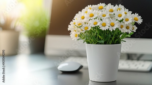 Wallpaper Mural Small white floral pot positioned near the monitor and mouse on sleek desk Torontodigital.ca