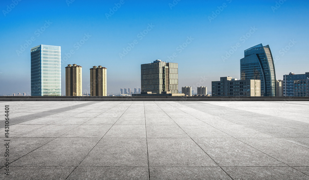 Panoramic Rooftop View of Modern Urban Skyline Under Clear Blue Sky