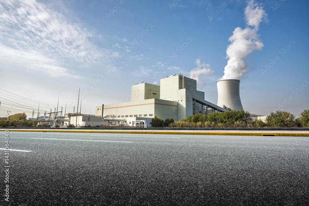 Modern Industrial Power Plant with Cooling Tower and Steam Emissions