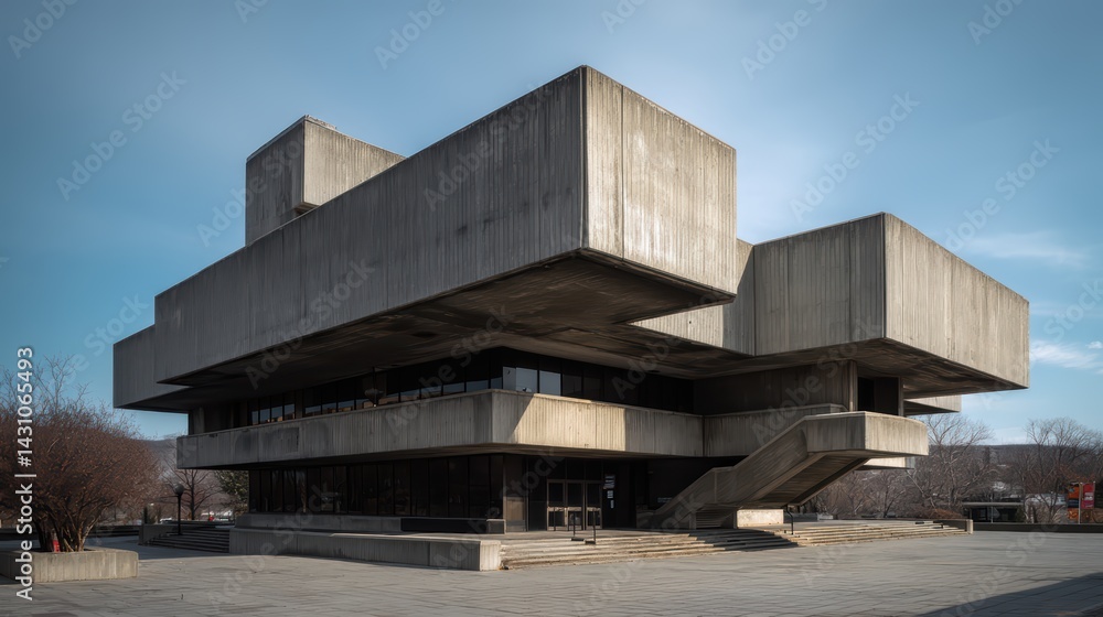 Brutalist Modernist Concrete Building with Geometric Facade, Winter Plaza Scene and Distant Hills. Brutalist Modernist Concrete Building with Geometric Facade, Winter Plaza Scene and Distant Hills.