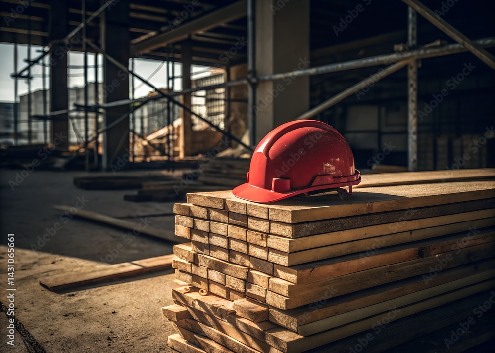 Red hard hat resting atop a tall pile of wooden planks with soft shadows cast by scaffolding