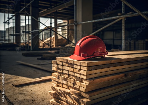 Obraz na płótnie Red hard hat resting atop a tall pile of wooden planks with soft shadows cast by scaffolding w salonie