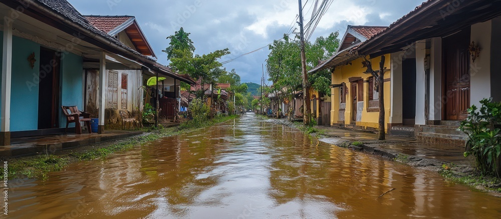 Obraz premium Flooded village street, houses, monsoon