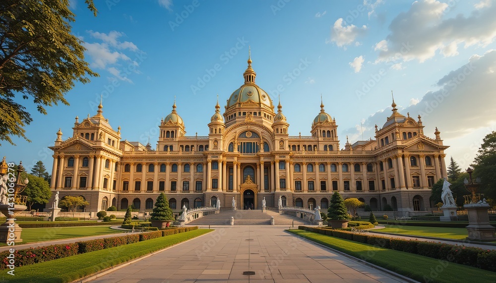 Fototapeta premium Grand Palace: Majestic building with intricate architectural details, set amidst lush gardens and a clear sky, perfect for tourism.