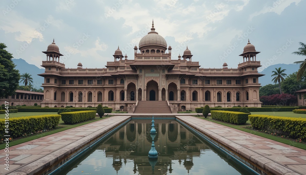Obraz premium Grand palace reflecting in a tranquil water feature, showcasing architectural symmetry and serene landscape with lush greenery surrounding it.