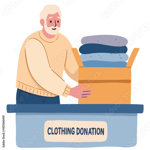 Elderly man donating clothes. Senior sorting clothes for donation. Retired man giving clothes to charity. Old man packing donation boxes. Elderly set