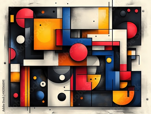 Abstract geometric shapes in red yellow blue white and black on a canvas.
