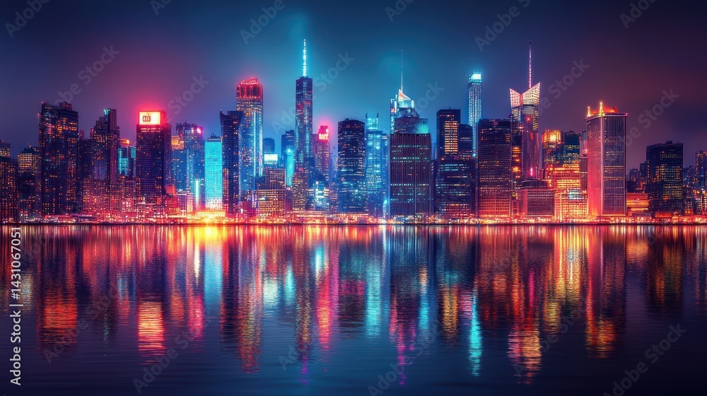 Obraz premium Neon Nightscape: Manhattan Skyline Reflection