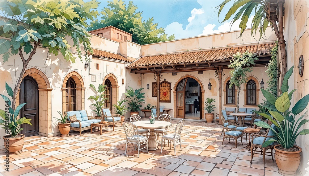 Fototapeta premium Serene courtyard scene with outdoor seating, lush greenery, and classic architectural elements under a bright sky. Inviting and peaceful.