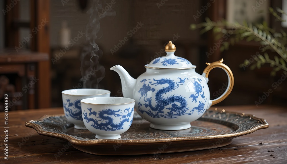 A tea set with a teapot and two cups decorated with blue dragons on a decorative silver tray A tea set with a teapot and two cups decorated with blue dragons on a decorative silver tray