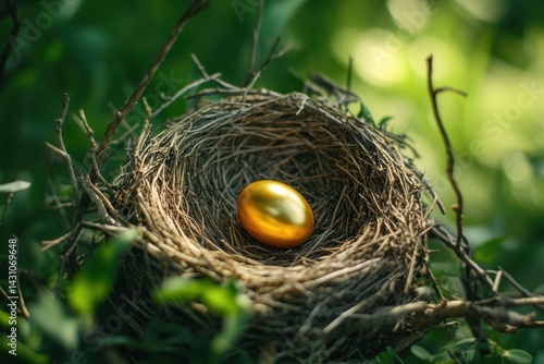 Obraz na płótnie Golden Egg Nestled in Delicate Bird Nest Highlighting Natures Beauty and the Value of Treasures Generative AI w salonie