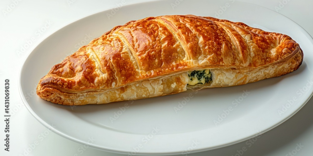 A freshly baked spinach and cheese pastry on a white plate, with the filling oozing out A freshly baked spinach and cheese pastry on a white plate, with the filling oozing out