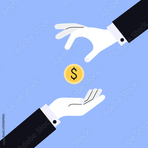 Transakcja finansowa w biznesie - dłonie z monetą dolarową, wymiana pieniędzy, inwestycja, płatność lub darowizna. Ilustracja wektorowa idealna do materiałów o finansach i biznesie