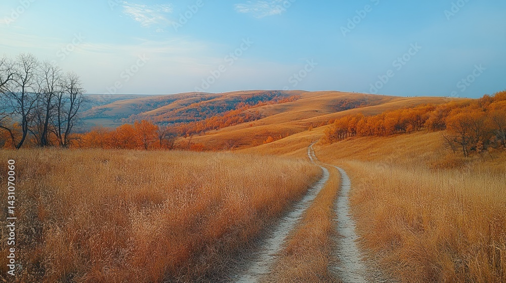 Fototapeta premium Autumnal country road through golden fields