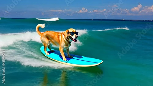 Happy dog with sunglasses on surfboard in ocean	