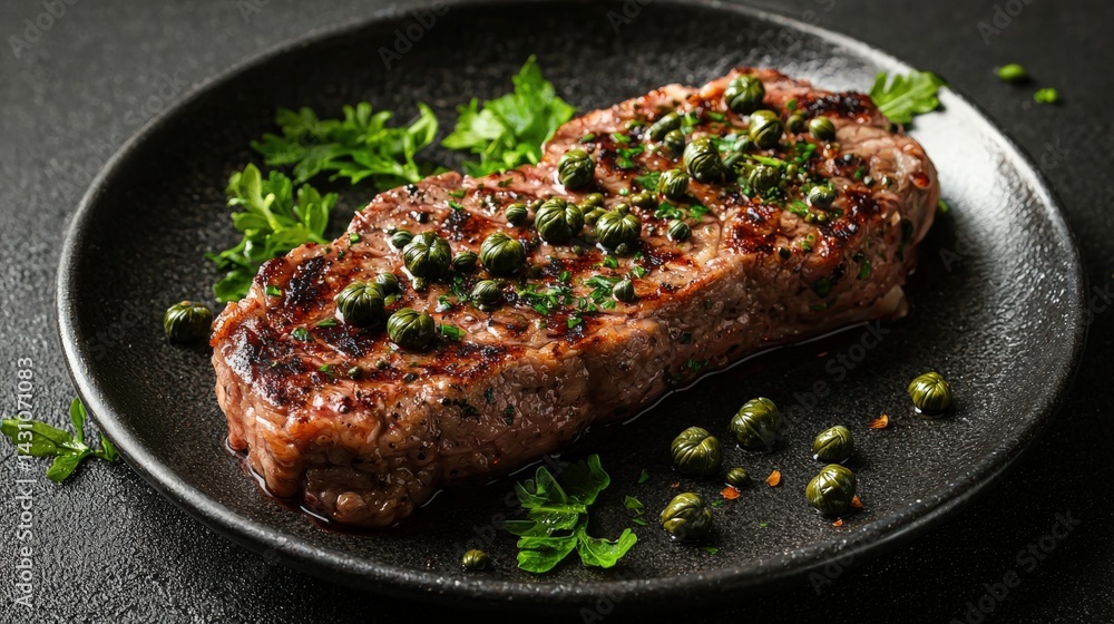 Delicious steak artistically arranged on a plate with capers and garnishes for a stunning culinary presentation Delicious steak artistically arranged on a plate with capers and garnishes for a stunning culinary presentation