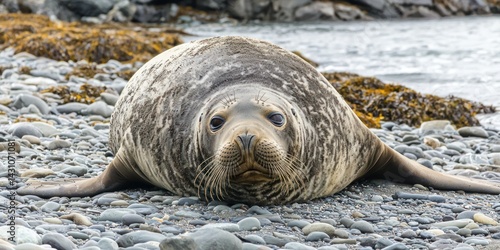 A giant elephant seal resting on a rocky beach, its massive body blending with the terrainv