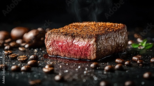 Juicy steak seasoned with coffee rub presented on an elegant table with ample copy space for food enthusiasts