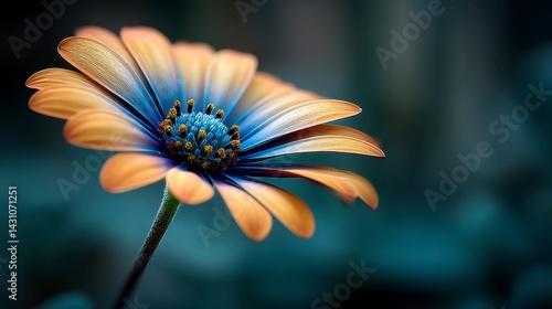 Close up of a single orange and blue flower with sparkling details against a blurred dark background. 