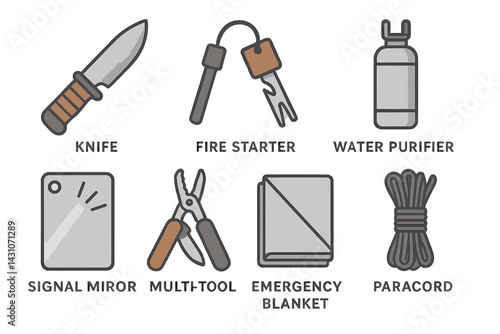 Outdoor survival essential icons featuring knife and fire starter