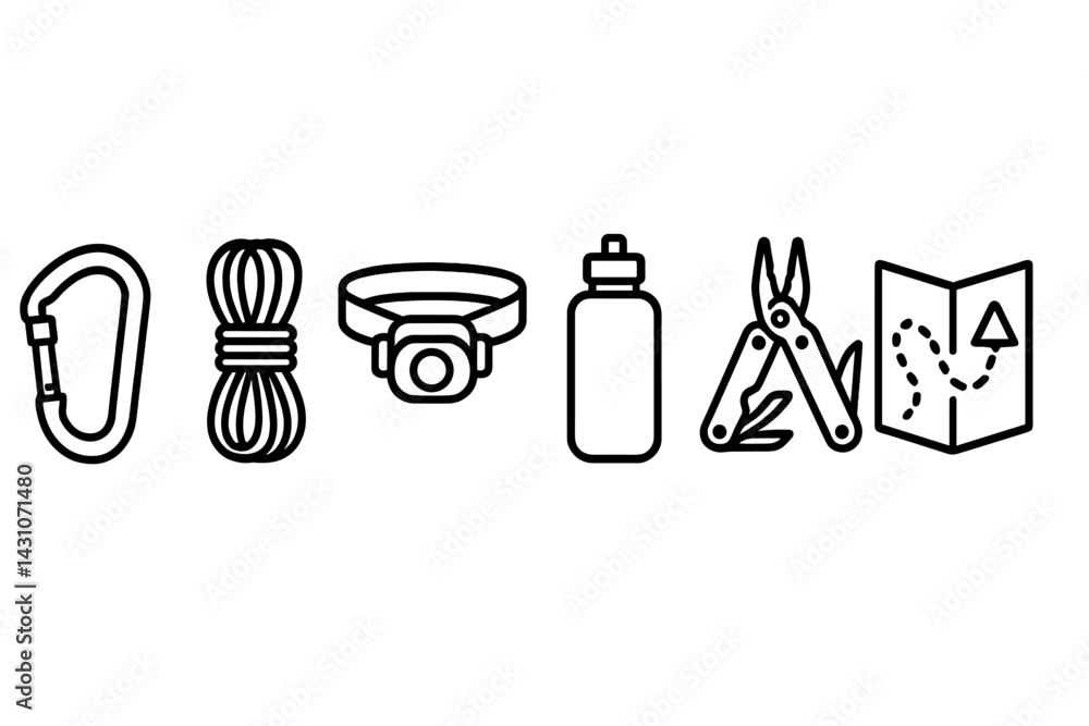 Outdoor adventure tool icons featuring carabiner and rope