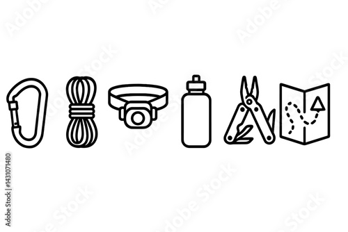 Obraz na płótnie Outdoor adventure tool icons featuring carabiner and rope w salonie