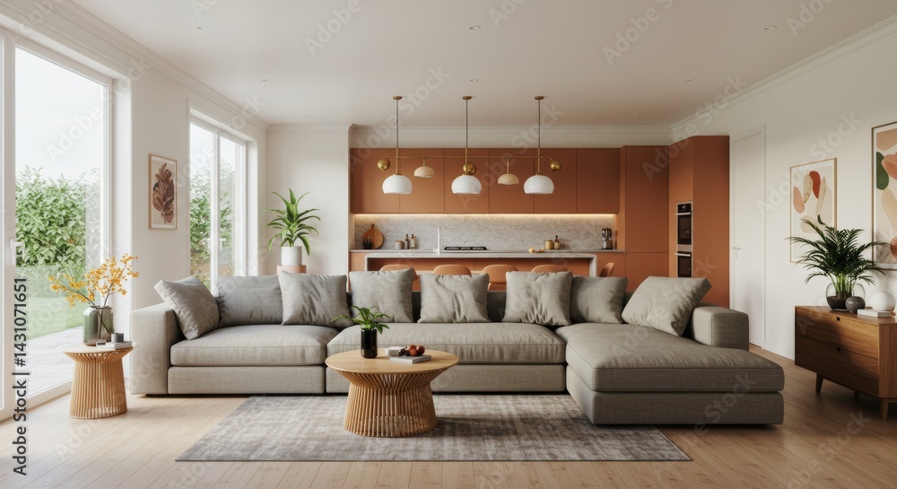 Obraz premium A wide angle view of a modular sectional sofa in a bright, airy room with open-plan kitchen in the background. 