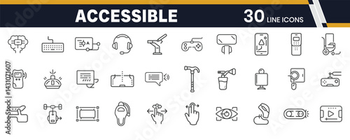 Accessible Technology Icons – Digital Inclusion, Device Accessibility, and Adaptive Interface Line Icon Collection