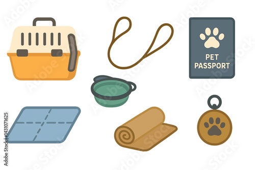 Pet travel icons featuring pet carrier and travel bowl