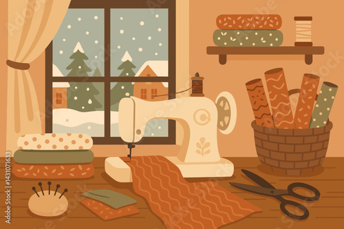 Winter sewing room scene with fabric, a sewing machine, scissors, and snow outside