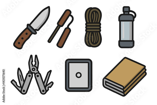 Outdoor survival tool icons featuring knife and fire starter