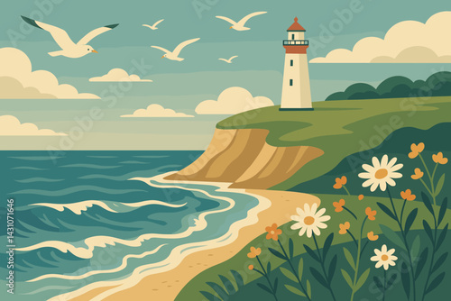 Coastal cliff scene with wildflowers, waves, a lighthouse, and seagulls