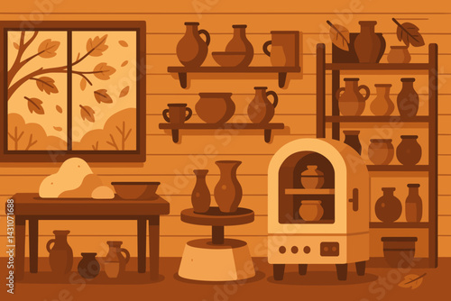 Autumn pottery studio scene with clay, a kiln, pots, and falling leaves outside