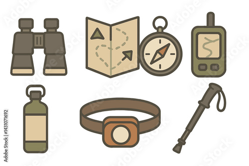 Outdoor exploration icons featuring binoculars and trail map