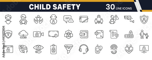Child Safety and Online Protection Icons – Kids Security, Internet Monitoring, and Digital Parental Control Line Icon Set