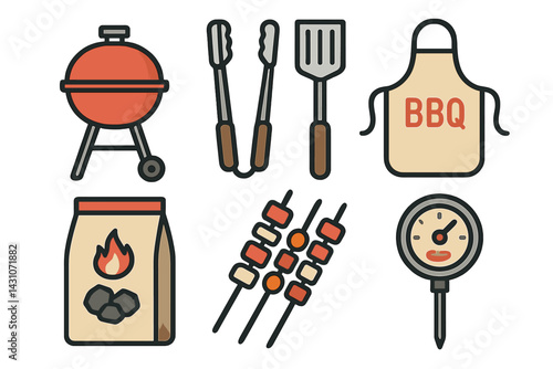 Outdoor cooking essential icons featuring grill and tongs